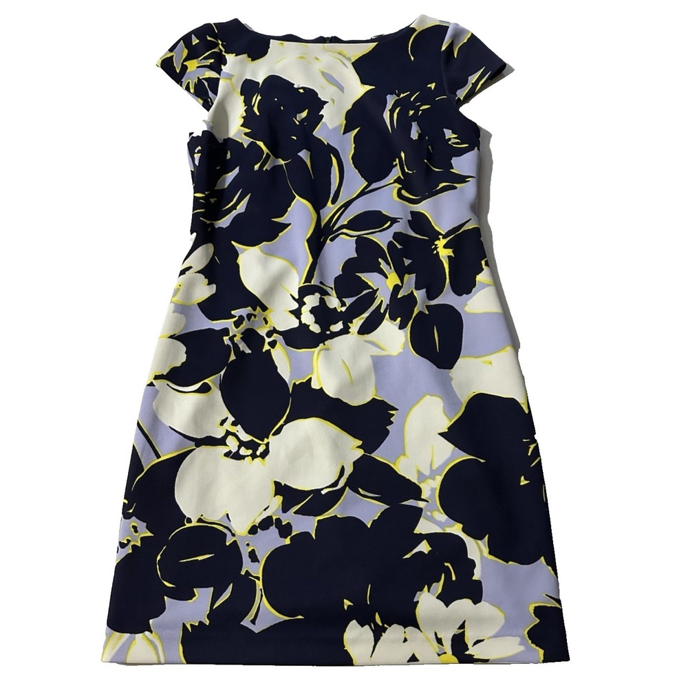 Vince Camuto Floral Sheath Dress Womens Size 6 Navy White Yellow Cap Sleeve‎
